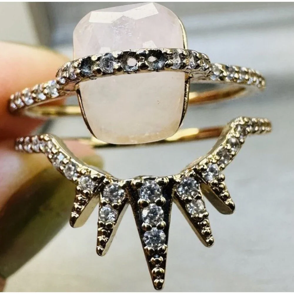 Bomb Party Rose Quartz Sunburst Statement Ring Size 11 Gold Tone